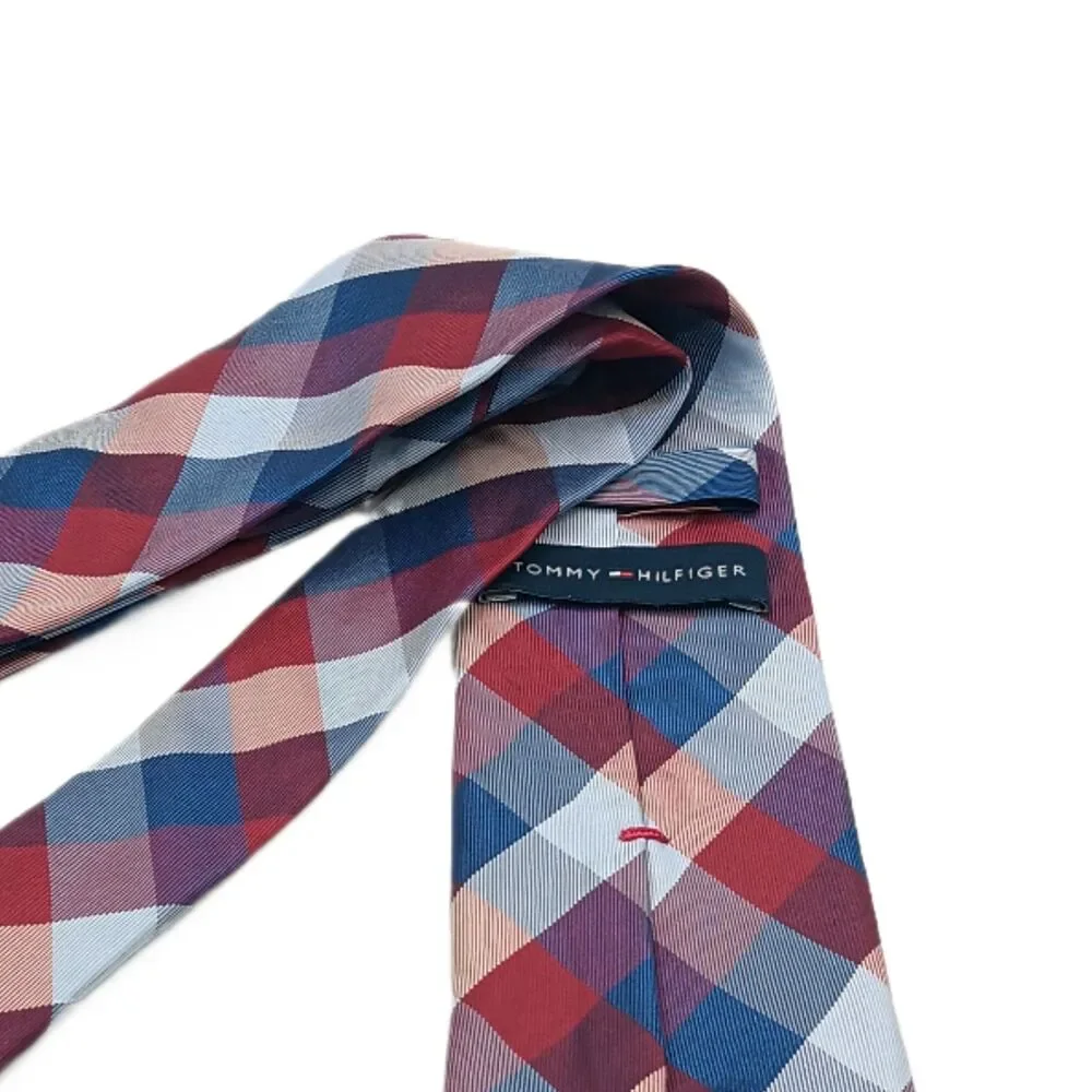 Tommy Hilfiger Silk Tie Mens 61.5” Red Blue Plaid Gingham Designer Classic New